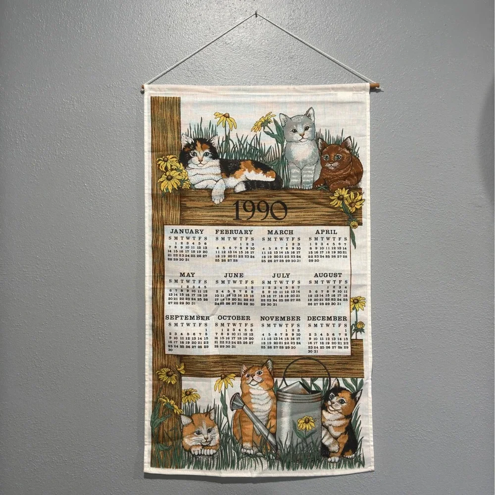 Vintage 1990 Kitten Cat Fabric Wall Calendar Tea Towel Cotton 15x25 Brazil Decor